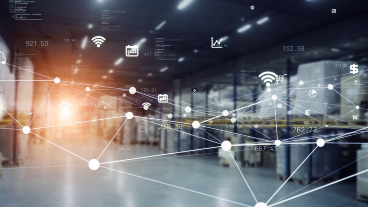 A warehouse with shelves stacked with boxes, overlaid with digital network icons and lines illustrating connectivity, data exchange, and smart technology integration powered by supply chain execution software in logistics.