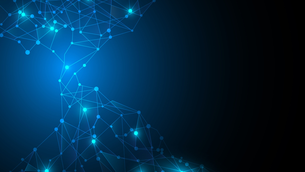 Blue glowing network of interconnected dots and lines on a dark background, forming a digital, abstract, and slightly hourglass-shaped pattern with bright nodes and fading edges.