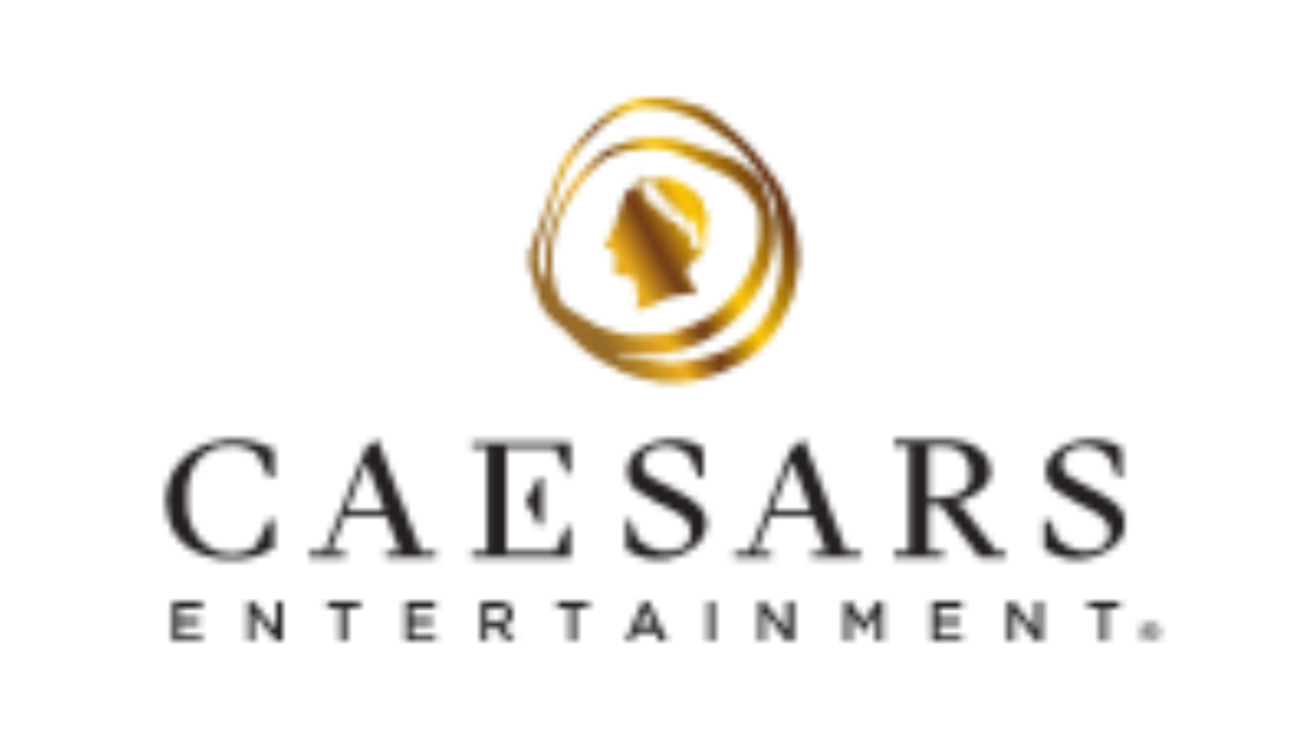 Caesars Entertainment logo featuring a gold profile silhouette inside swirling gold lines above the words Caesars Entertainment in bold, elegant black letters on a light background.