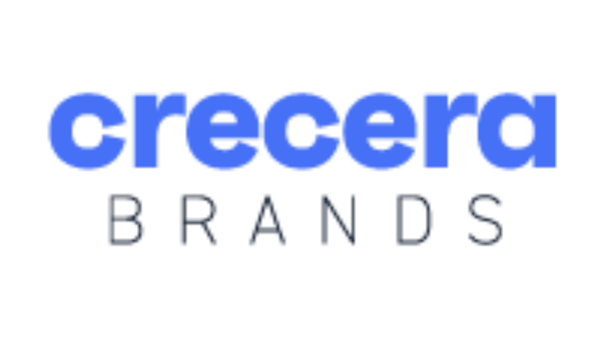 The image shows the logo for crecera BRANDS with crecera in bold blue lowercase letters and BRANDS in thin black uppercase letters on a light gray background.