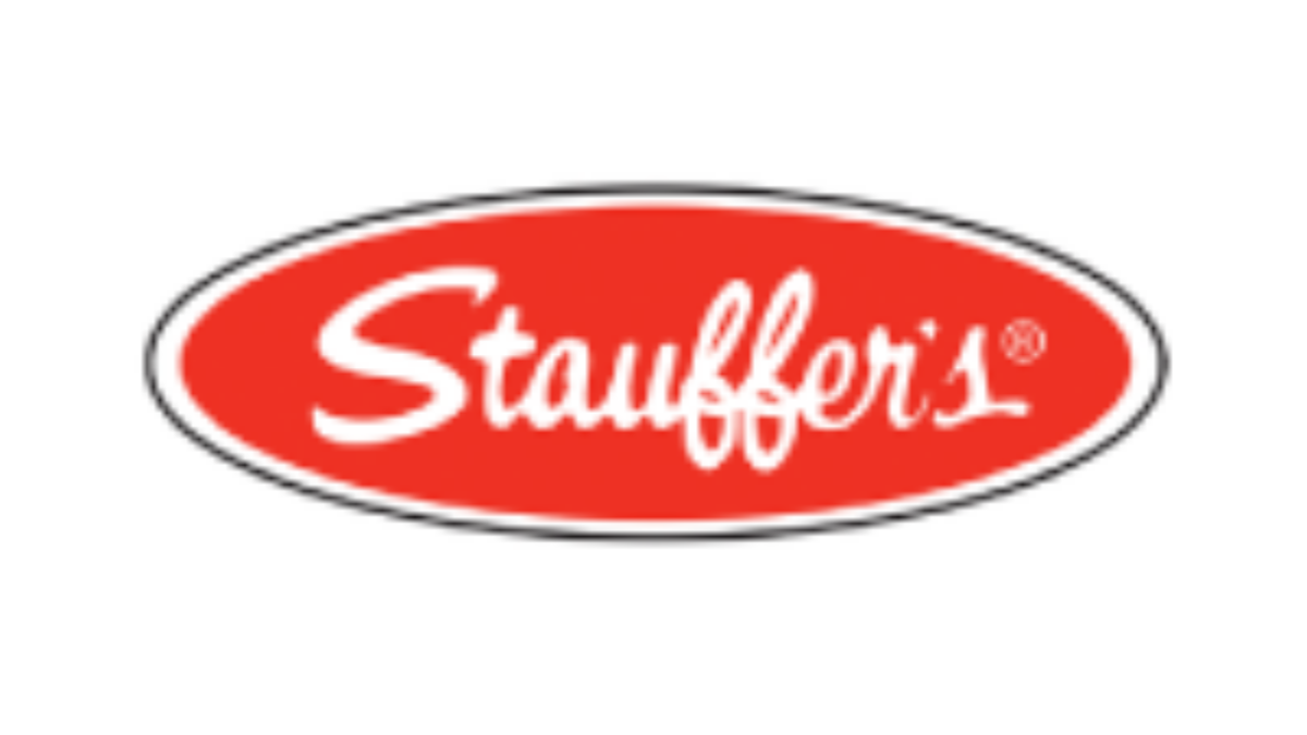 Stauffers logo featuring the brand name in white script inside a red oval with a white border.