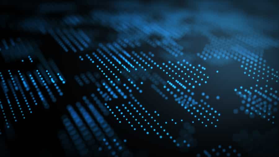 A digital abstract image featuring a dark background with rows of glowing blue dots and lines, resembling data visualization or futuristic technology patterns.