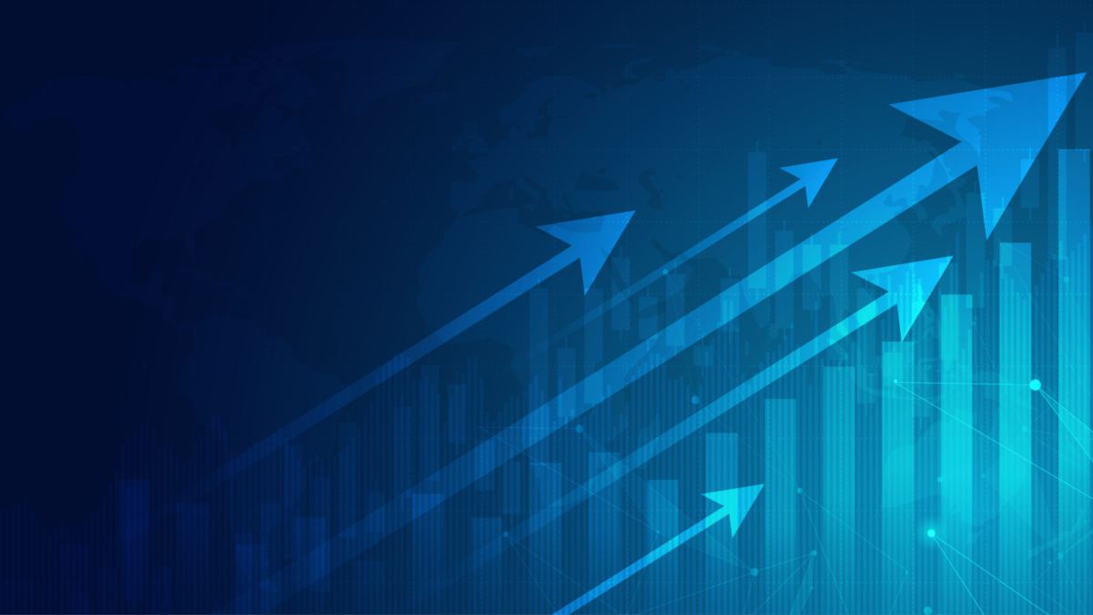 Blue arrows pointing upward over a bar chart with a dark blue gradient background, representing growth, progress, or financial success. Subtle world map outlines appear in the background.