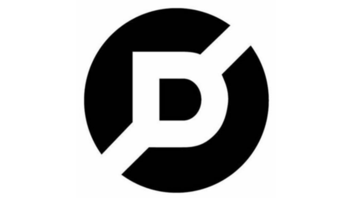 A bold, black circle with a white diagonal line cutting through it from top right to bottom left. The negative space inside the circle forms the letter D.