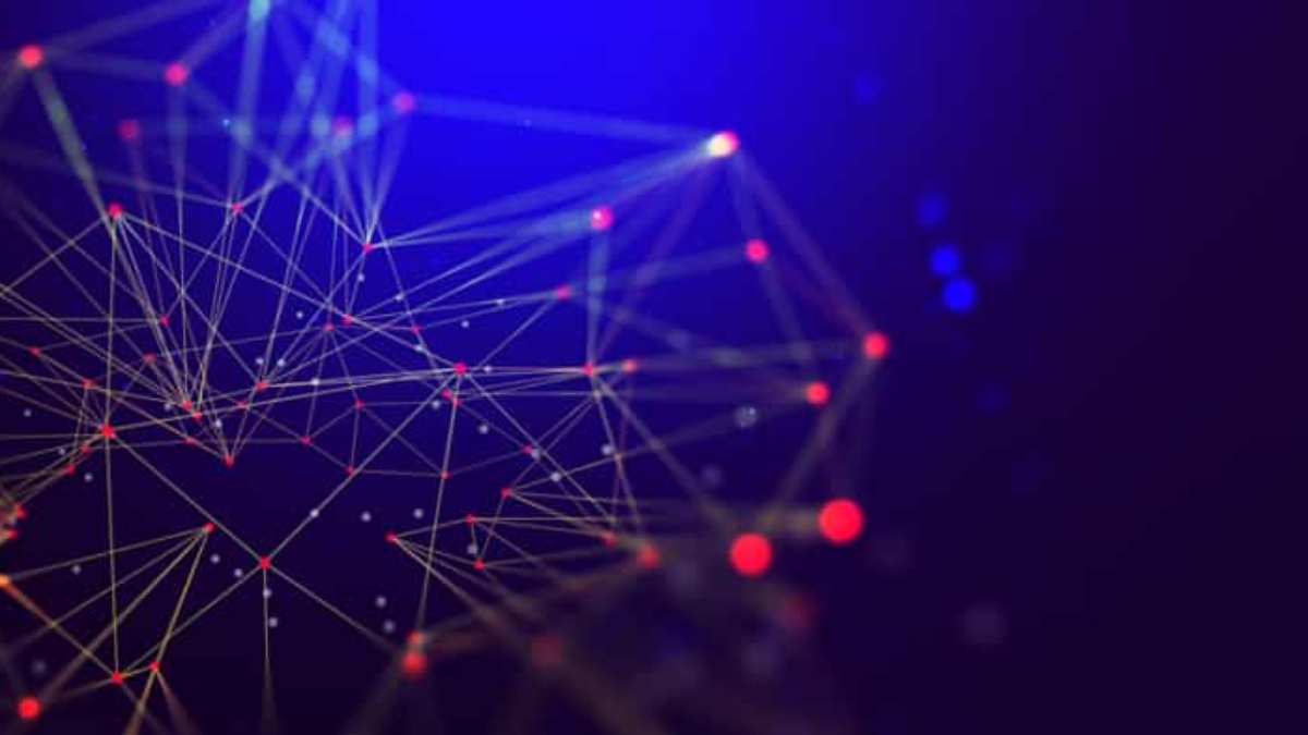 Abstract digital network illustration with intersecting yellow lines and glowing red nodes on a dark blue background, suggesting concepts of connectivity and technology.