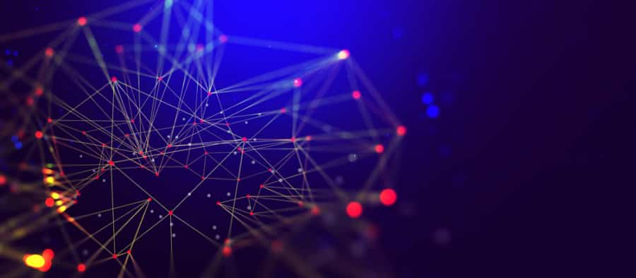 Abstract digital network illustration with intersecting yellow lines and glowing red nodes on a dark blue background, suggesting concepts of connectivity and technology.