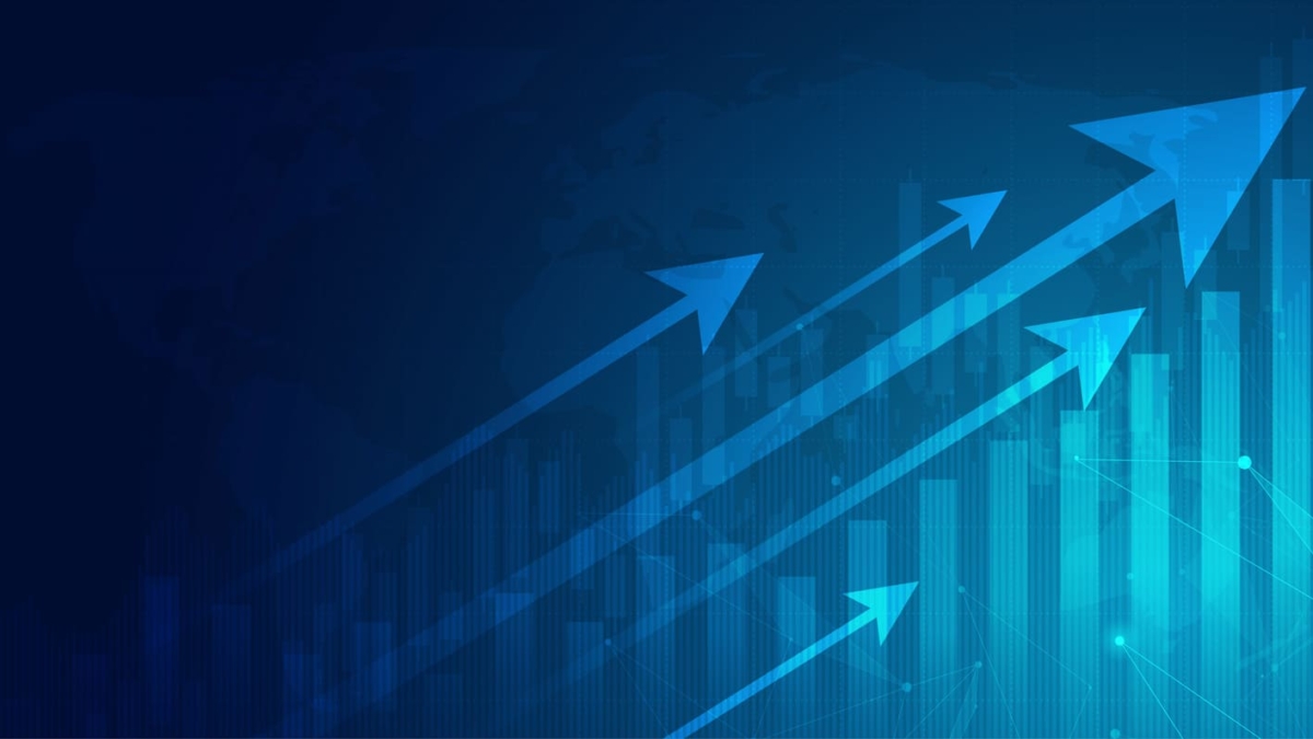 Blue abstract background with upward-pointing arrows and bar graphs, symbolizing growth, progress, and financial success. The glowing lines and bars evoke dynamic movement—perfect for illustrating effective supply chain planning and increasing value.