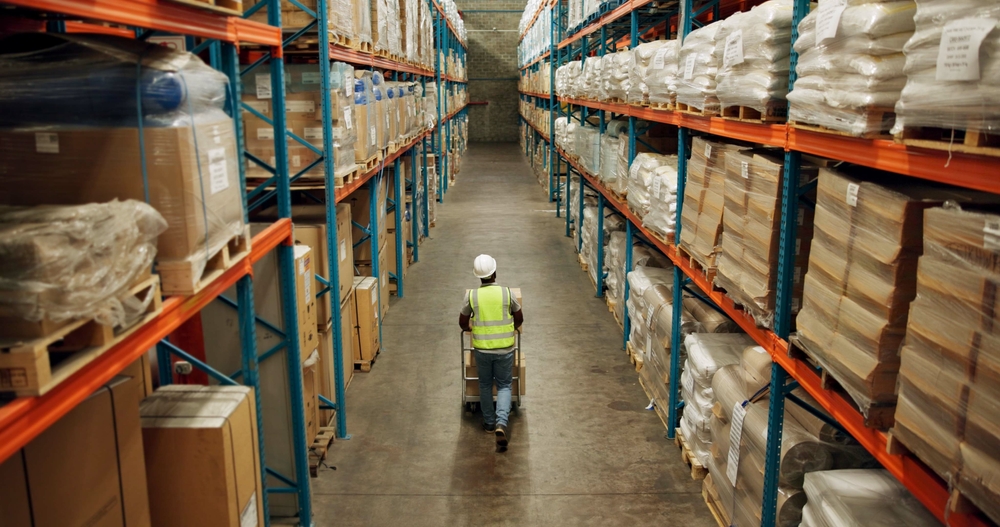 A warehouse worker in a reflective vest and hard hat pushes a cart down a wide aisle between tall shelves filled with stacked boxes and wrapped pallets.