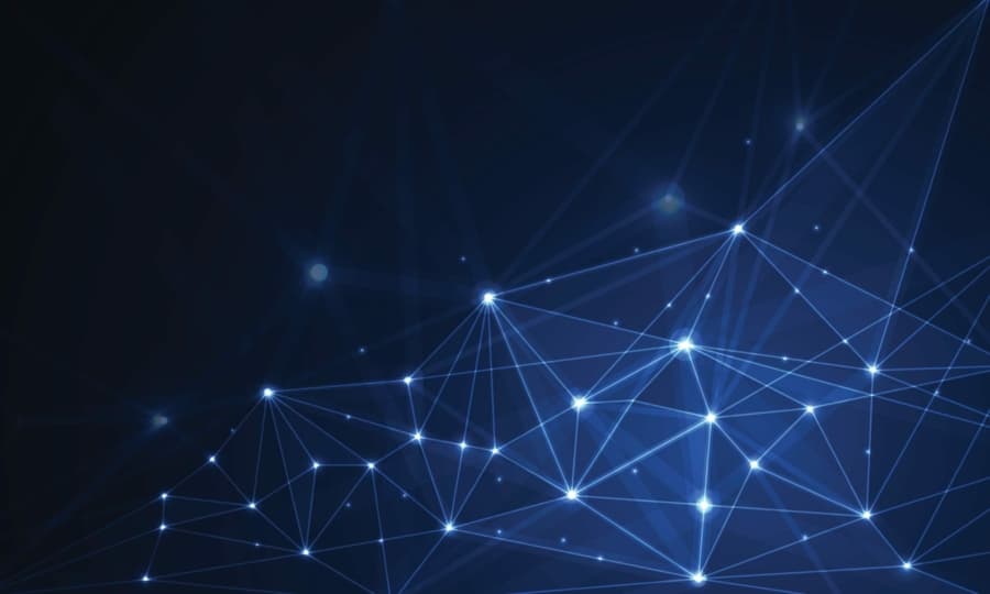 Abstract digital background showing a network of interconnected glowing blue lines and points, resembling a web or constellation against a dark backdrop.