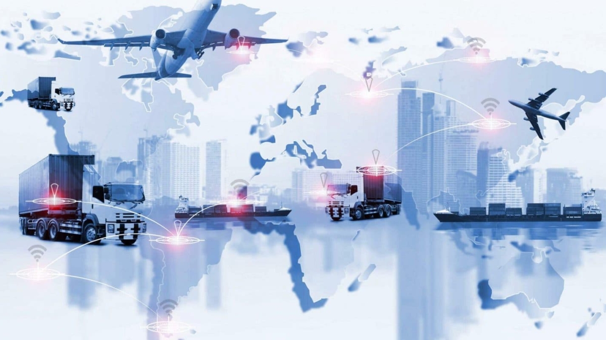 A digital illustration of global logistics, featuring a world map overlaid with cargo trucks, planes, ships, and drones—all connected by network lines and signal icons—symbolizing worldwide transportation, supply chain integration, and seamless communication.