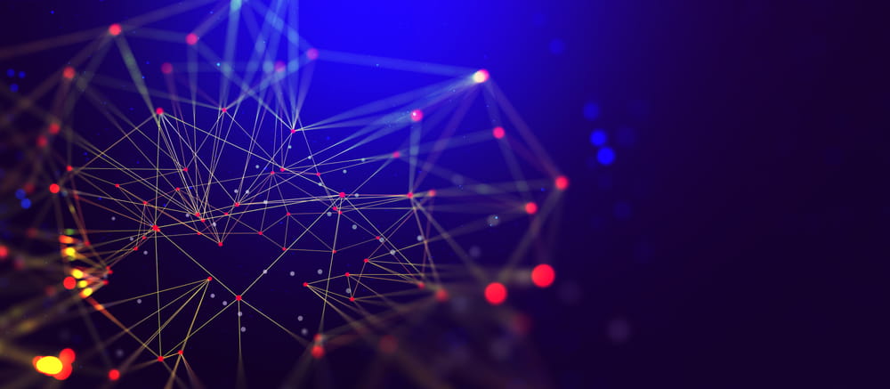 Abstract network of interconnected glowing lines and dots forming geometric shapes on a dark blue and purple background, representing digital connections or ERP data visualization.