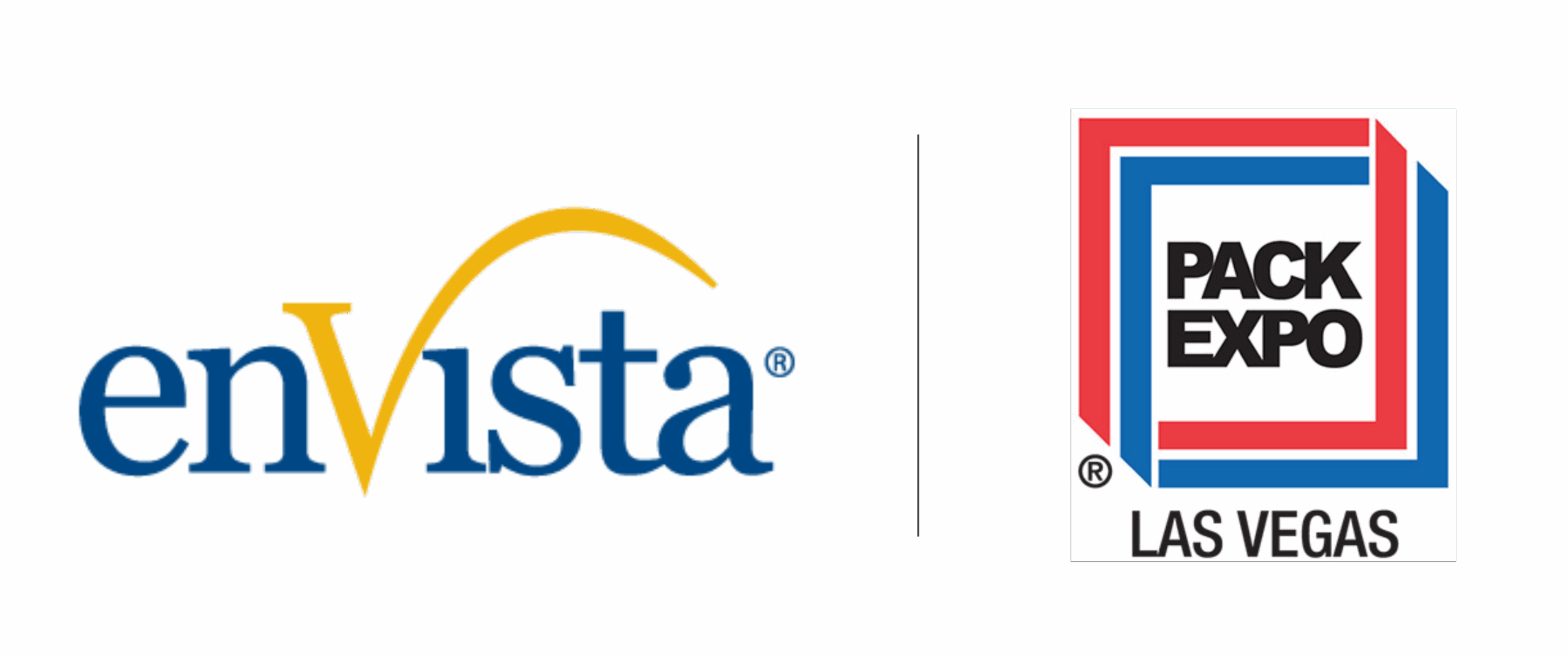 The image shows the enVista logo on the left, featuring blue lowercase text with a yellow curved line, and the PACK EXPO Las Vegas logo on the right, with bold text inside a red and blue frame.
