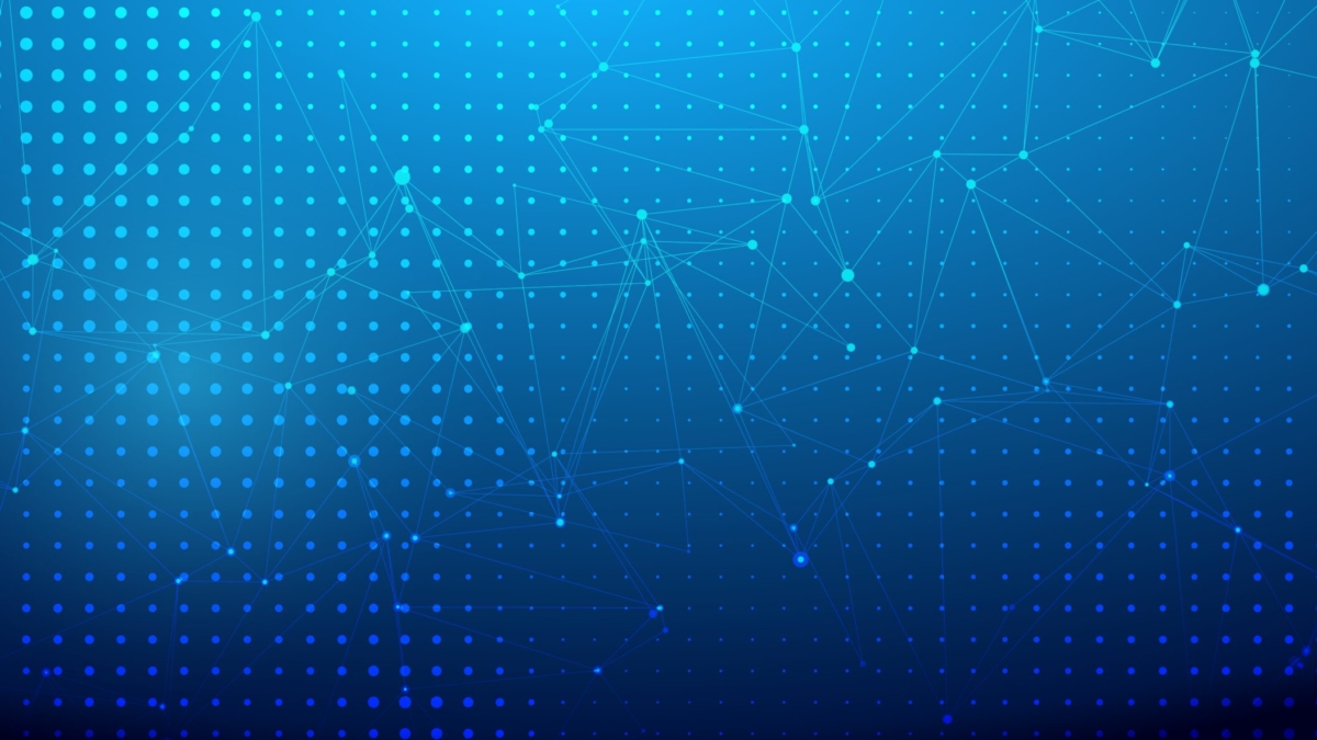 Abstract blue background with a gradient of small dots and interconnected lines and nodes, evoking a digital network or Microsoft-inspired data visualization.
