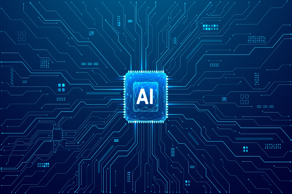 A glowing microchip labeled AI is centered on a dark blue circuit board background, with lines and nodes radiating outward, symbolizing the power of ai and advanced technology.