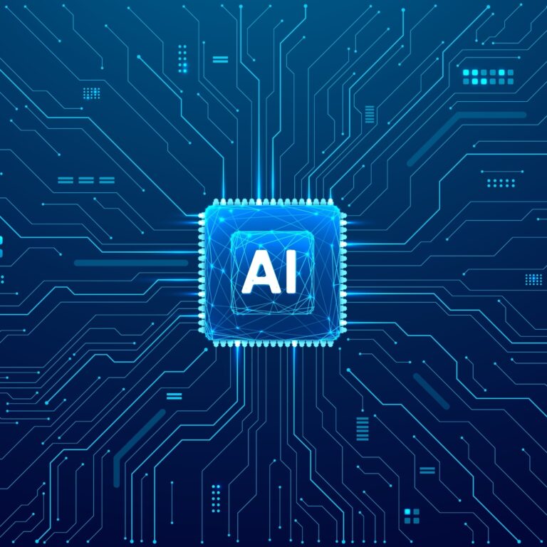 A glowing blue microchip with AI in the center is surrounded by circuit lines and digital patterns on a dark blue background, symbolizing artificial intelligence, slam solutions, and advanced technology.