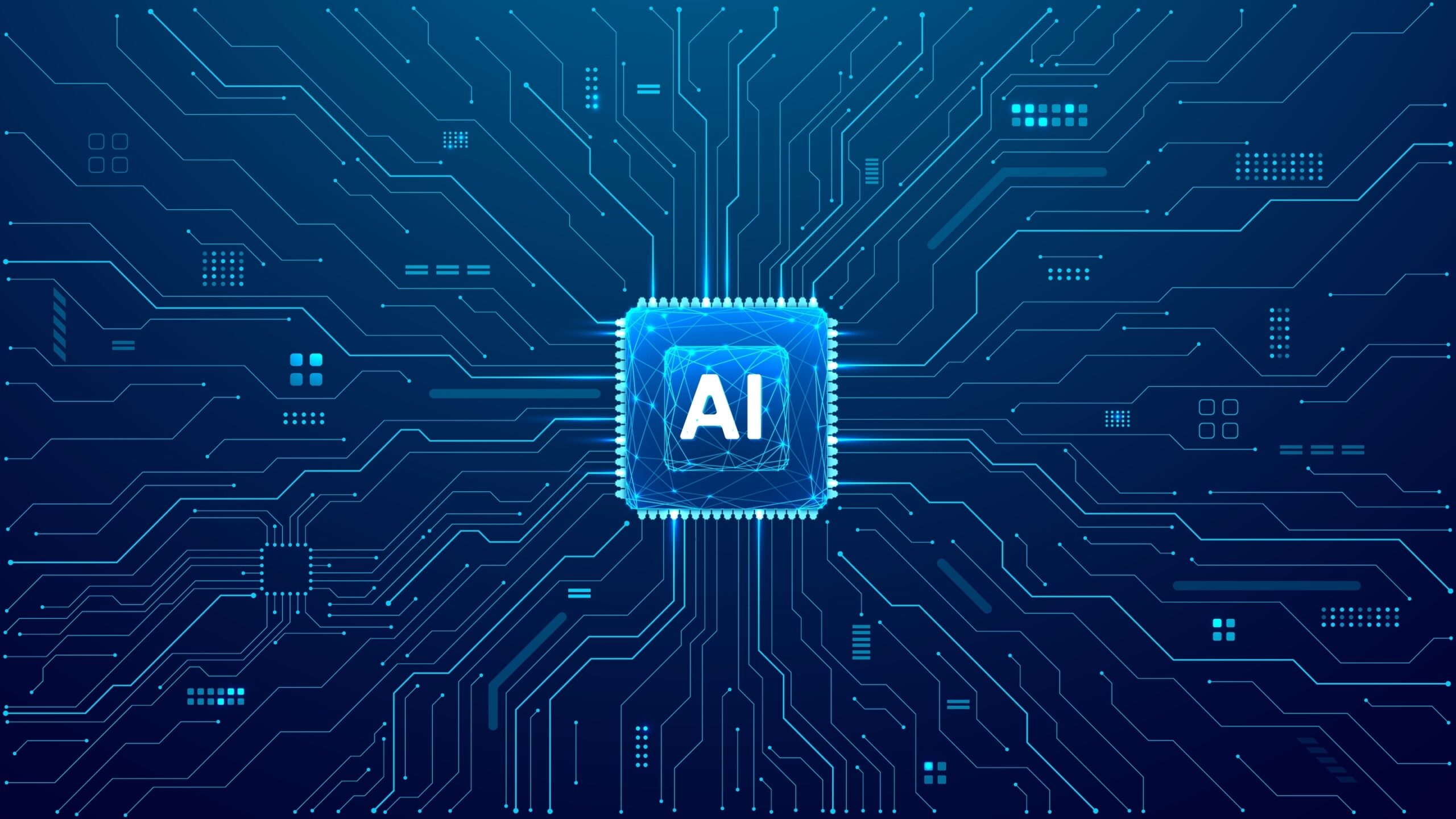 A glowing blue microchip with AI in the center is surrounded by circuit lines and digital patterns on a dark blue background, symbolizing artificial intelligence, slam solutions, and advanced technology.