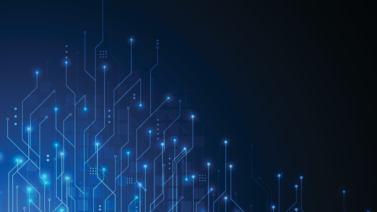 Blue glowing circuit lines and nodes rise from the bottom left against a dark background, evoking a digital or technology-themed abstract design inspired by robotics in automotive manufacturing.