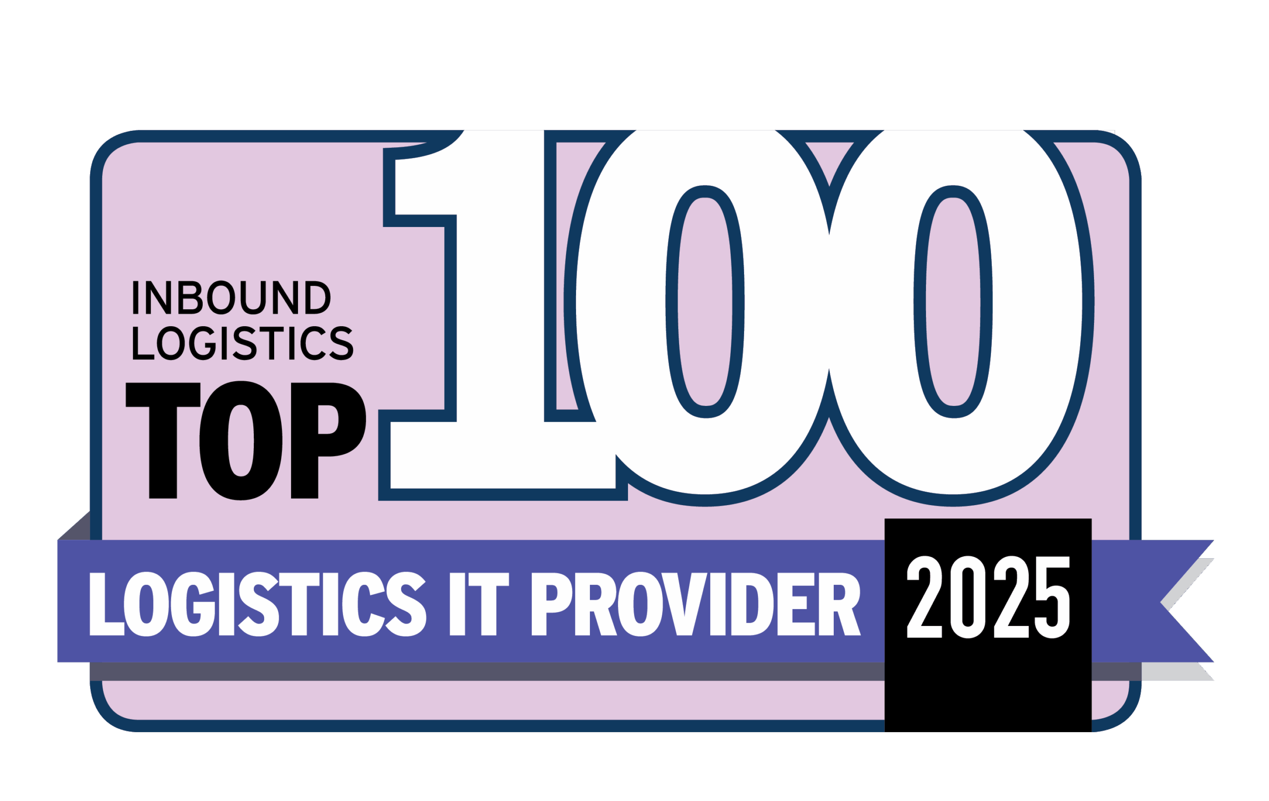 A badge with text: Inbound Logistics Top 100 Logistics IT Provider 2025, featuring bold white and black lettering on a lavender and blue background with a blue ribbon.