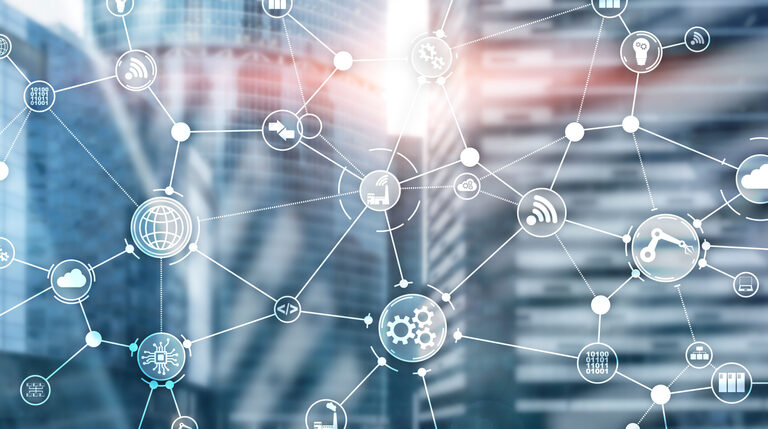 Abstract image of interconnected digital icons, such as gears, cloud, lock, and shopping cart, overlaid on a blurred cityscape of modern glass buildings, symbolizing network, technology, communication concepts, and supply chain planning.