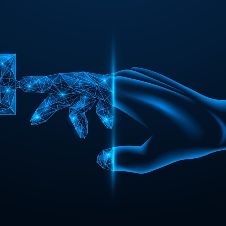 A digital illustration of a glowing hand made of blue lines and polygons touches a similarly styled puzzle piece, symbolizing managed detection and response or problem-solving against a dark blue background.