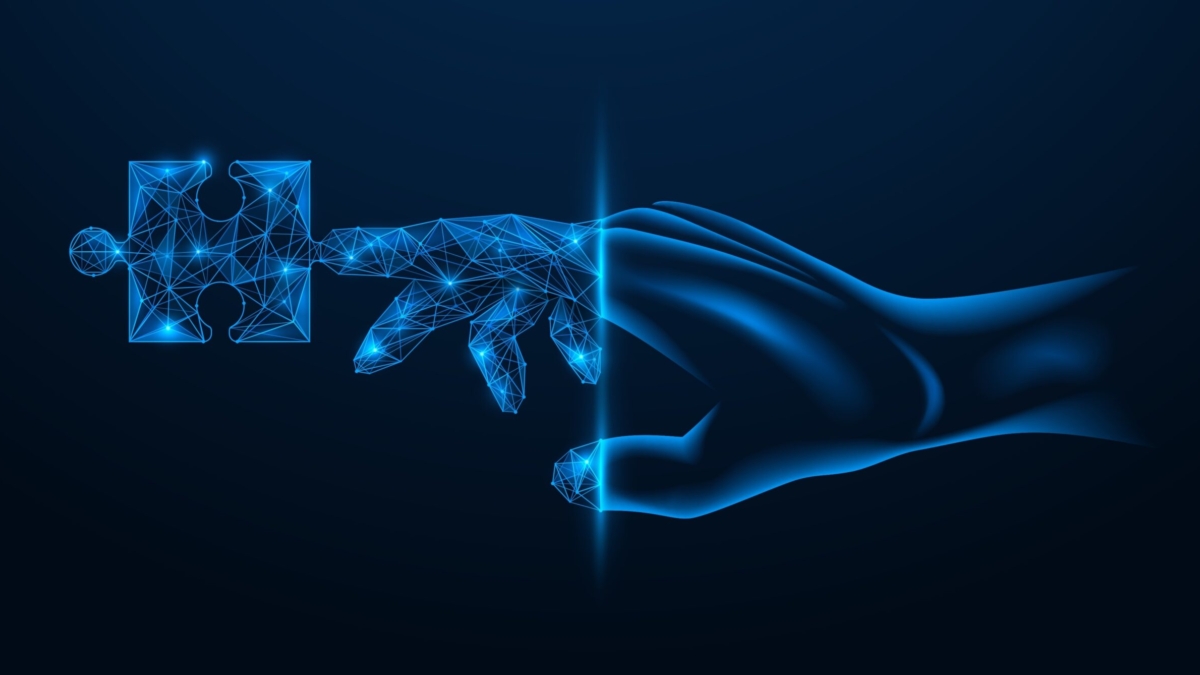 A digital illustration of a glowing hand made of blue lines and polygons touches a similarly styled puzzle piece, symbolizing managed detection and response or problem-solving against a dark blue background.