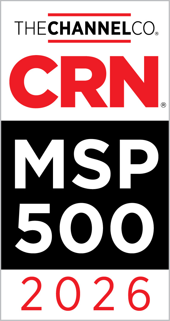 Rectangular badge with THE CHANNEL CO. at the top, CRN in large red letters, MSP 500 in bold white text on a black background, and 2026 in red at the bottom.