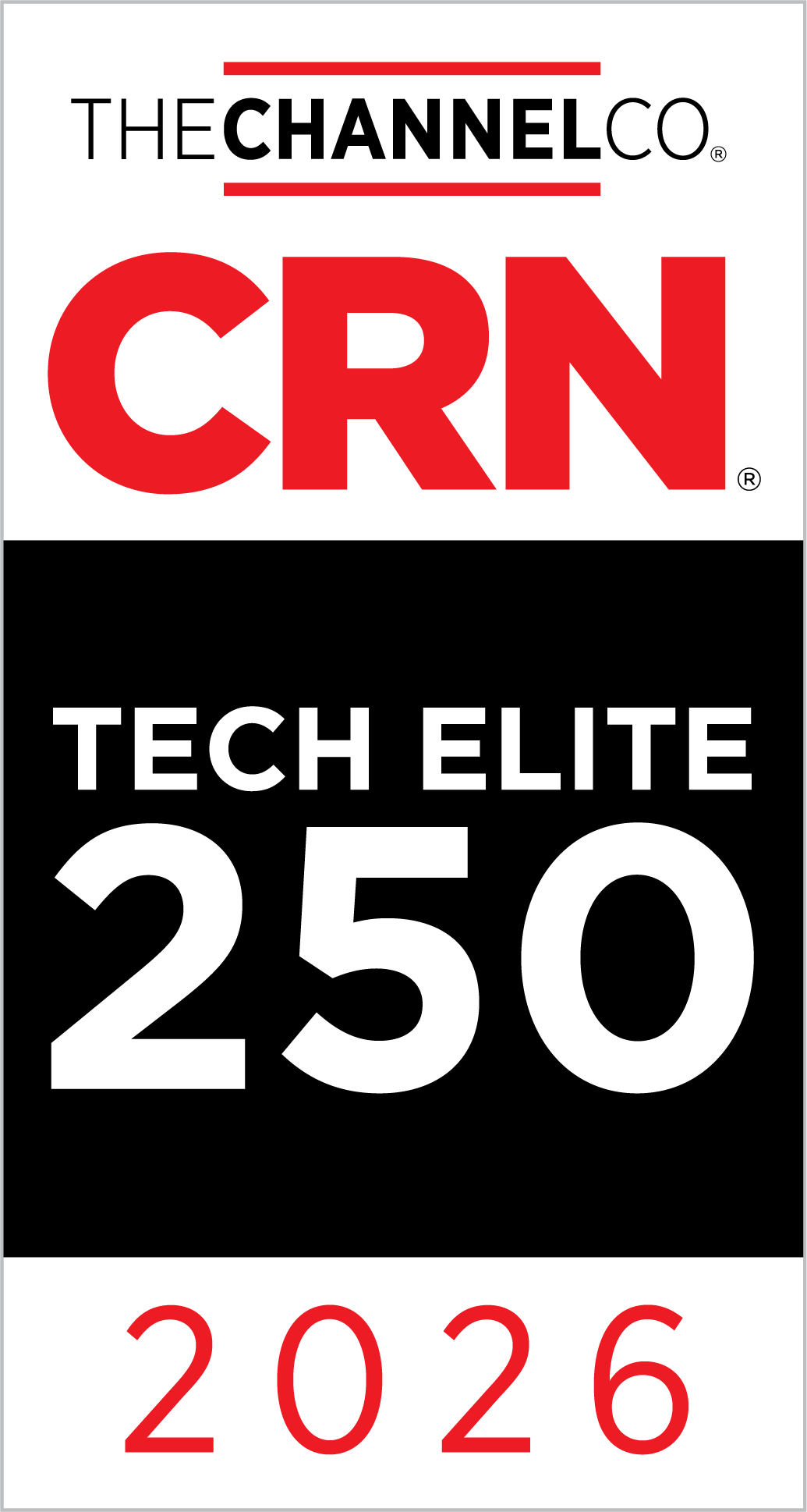 CRN Tech Elite 250 2026 award badge featuring The Channel Co at the top, CRN in large red letters, Tech Elite 250 in white on black, and 2026 at the bottom.
