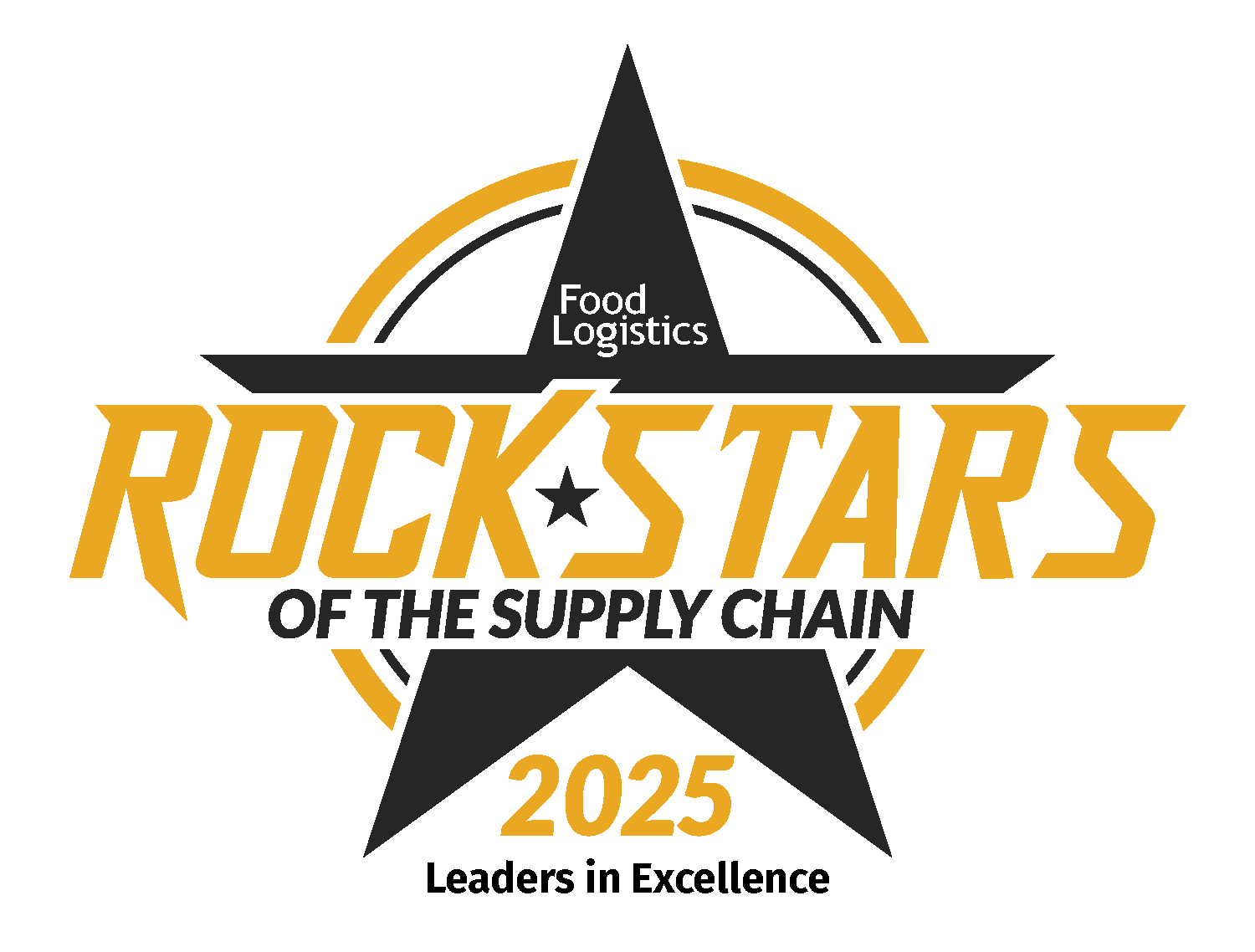 Logo with a large black star, the text Food Logistics ROCK STARS OF THE SUPPLY CHAIN, and 2025 Leaders in Excellence underneath in gold and black on a white background—highlighting excellence like enVista Careers or top parcel audit service providers.