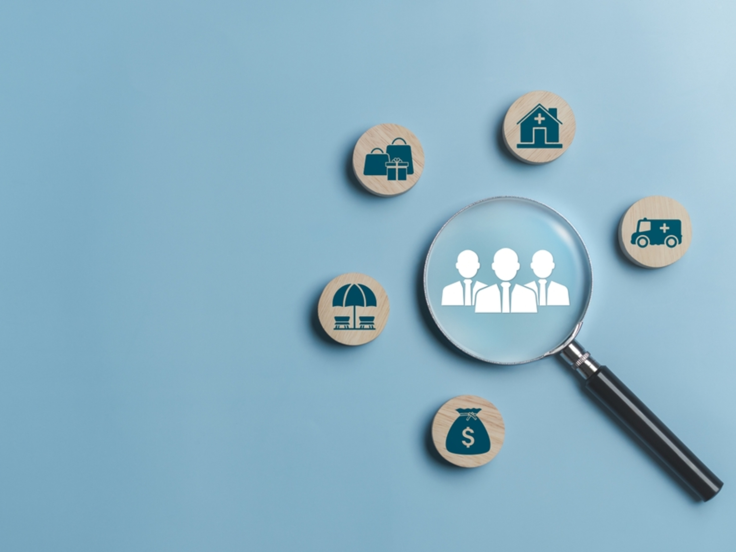 A magnifying glass hovers over a wooden disc with icons of three people, surrounded by discs showing symbols for shopping, a house, healthcare, money, insurance, and parcel audit service on a light blue background.