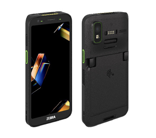 Two views of a rugged Zebra mobile device with a black textured case, green accents, and a large touchscreen—showcasing advanced mobile & edge technology. The front displays the screen; the back reveals the camera, Zebra logo, and various ports.