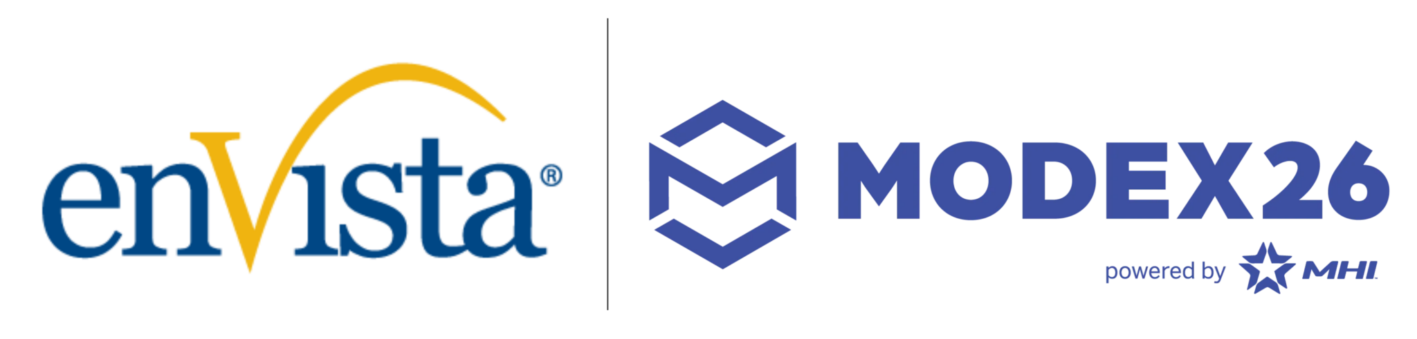 The image shows the enVista logo on the left and the MODEX26 logo with powered by MHI on the right, separated by a vertical line.