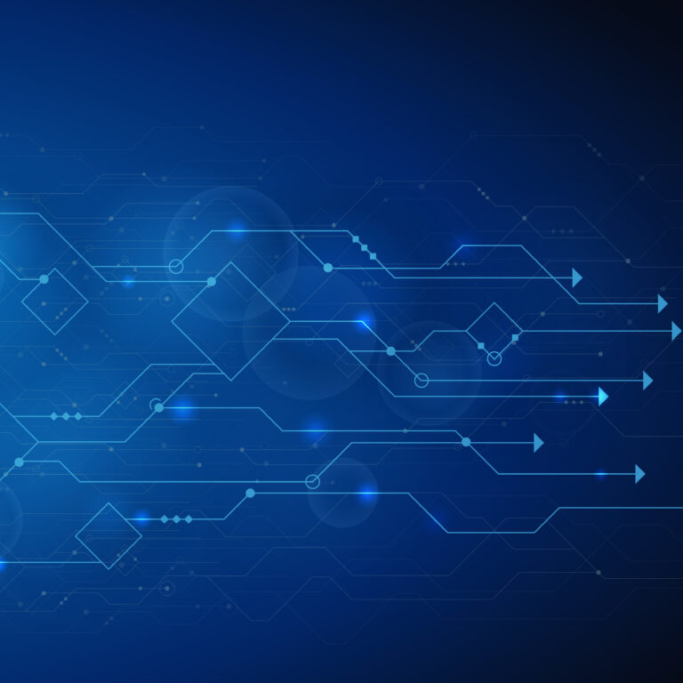 Abstract blue digital background with geometric shapes, arrows, and glowing lines suggesting technological movement, data flow, and supply chain optimization on a dark gradient.