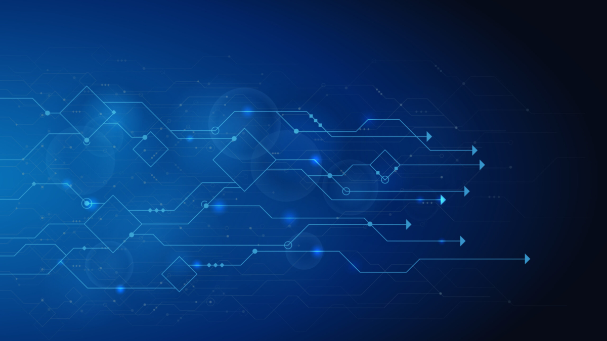 Abstract blue digital background with geometric shapes, arrows, and glowing lines suggesting technological movement, data flow, and supply chain optimization on a dark gradient.