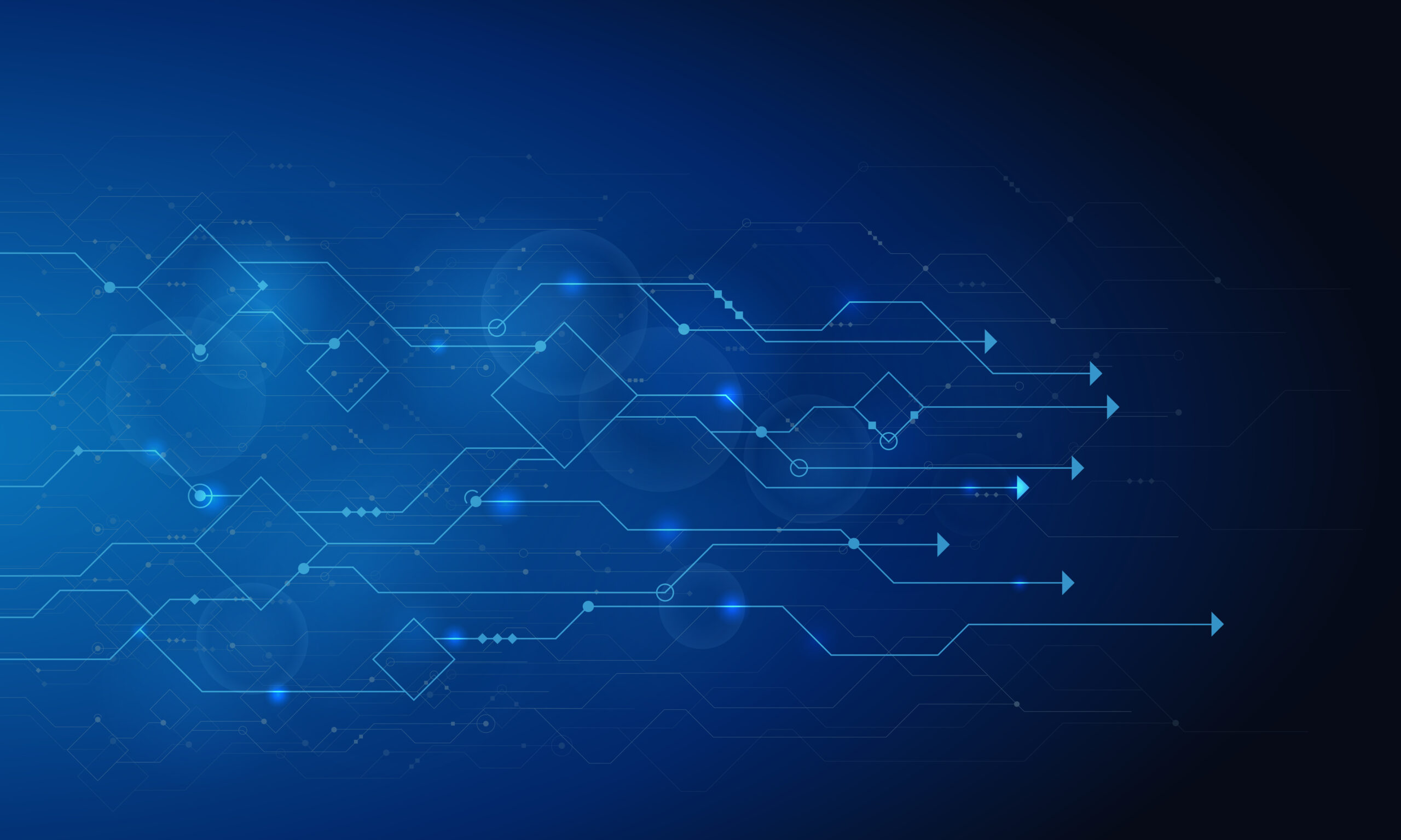 Abstract blue digital background with geometric shapes, arrows, and glowing lines suggesting technological movement, data flow, and supply chain optimization on a dark gradient.