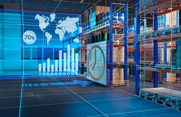 A modern warehouse with shelves and pallets, overlaid with digital graphics like charts, a world map, and data icons, highlighting inventory management or supply chain technology enhanced by pick-to-light systems.