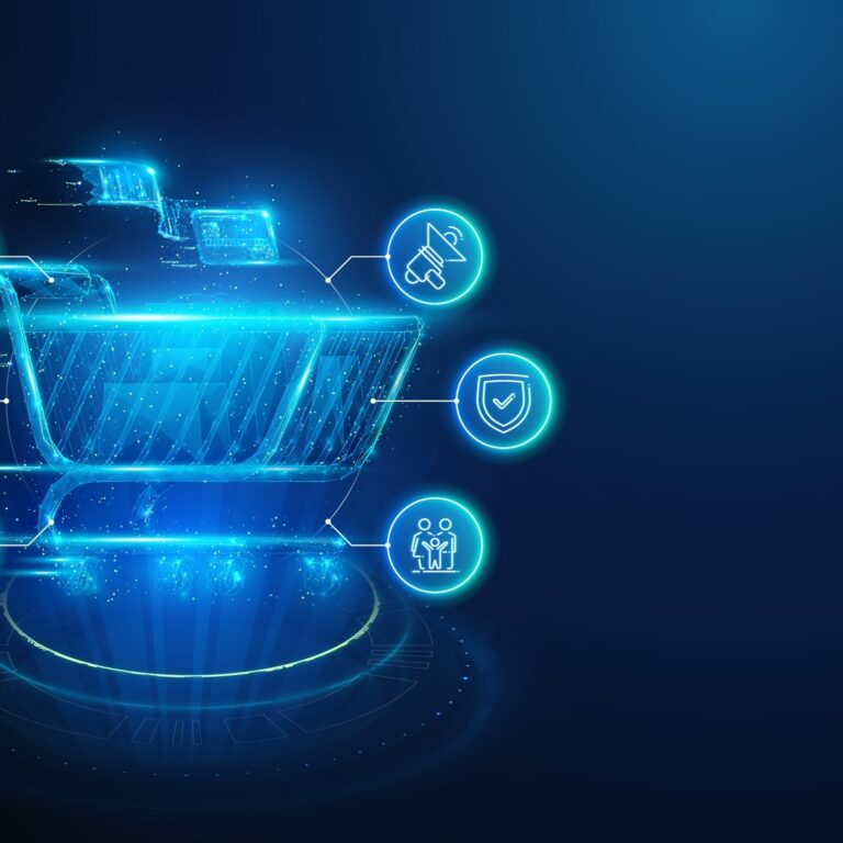 A glowing digital shopping cart surrounded by floating icons, including a certificate, megaphone, shield, group of people, payment card, and an online shopping symbol, illustrates supply chain optimization against a dark blue background.