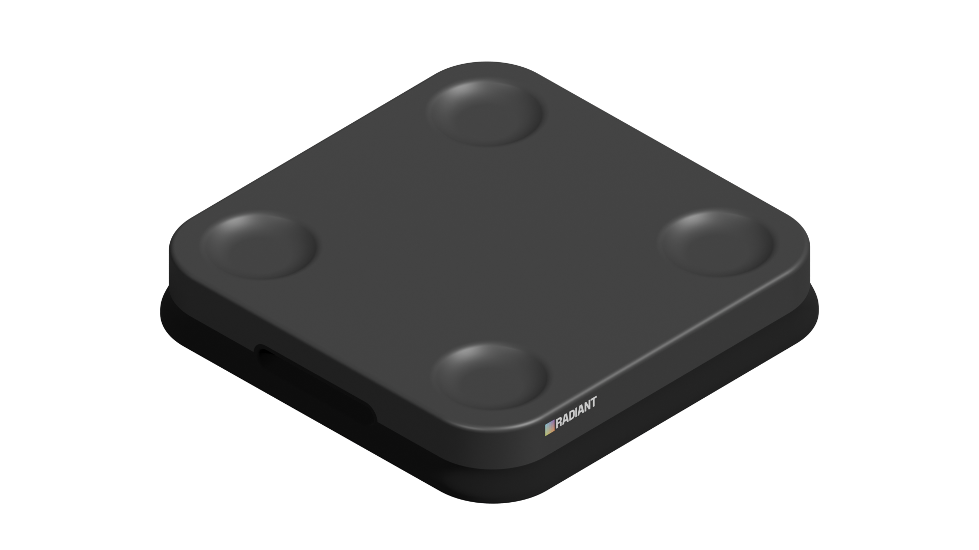 A black, square-shaped pick-to-light device with rounded corners and four circular indents on its surface, featuring a small logo and colored square near one edge, is shown against a plain white background.