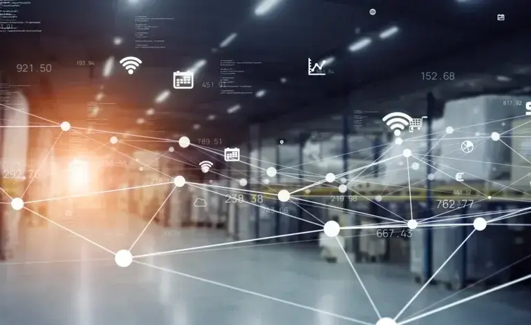 A warehouse with shelves stacked with boxes, overlaid with digital network icons and lines illustrating connectivity, data exchange, and smart technology integration powered by supply chain execution software in logistics.