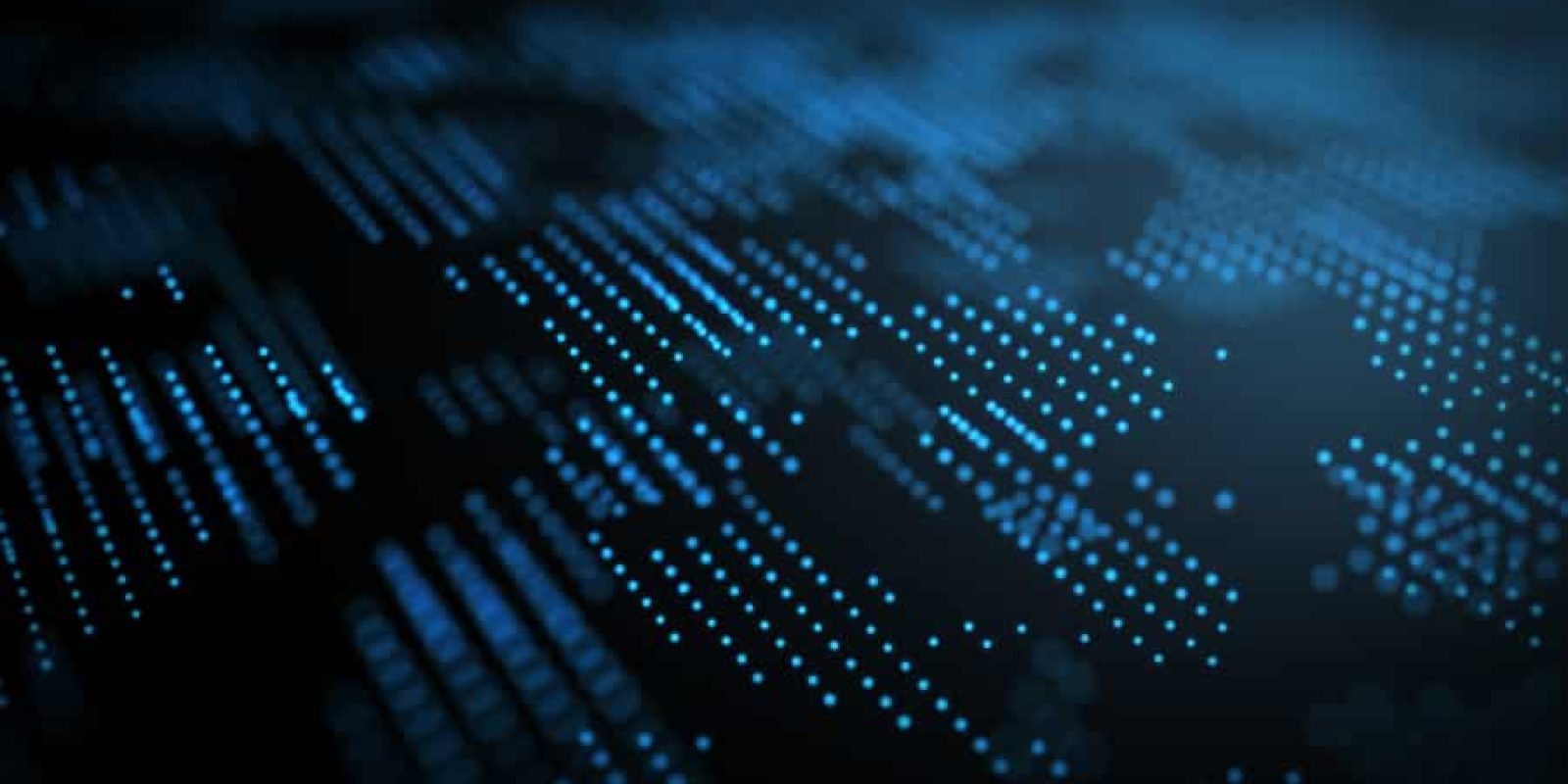 A digital abstract image featuring a dark background with rows of glowing blue dots and lines, resembling data visualization or futuristic technology patterns.