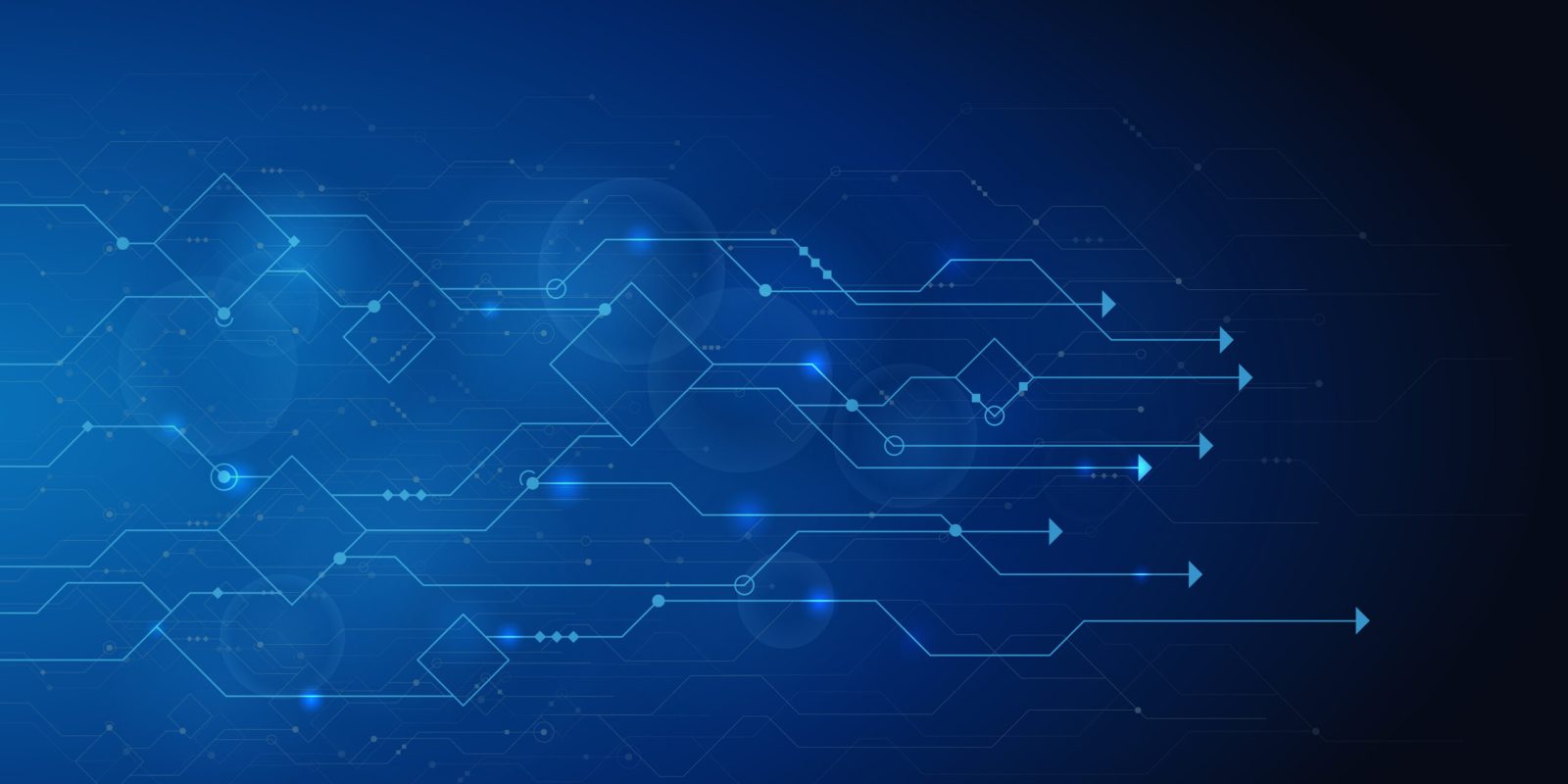 Abstract blue digital background with geometric shapes, arrows, and glowing lines suggesting technological movement, data flow, and supply chain optimization on a dark gradient.