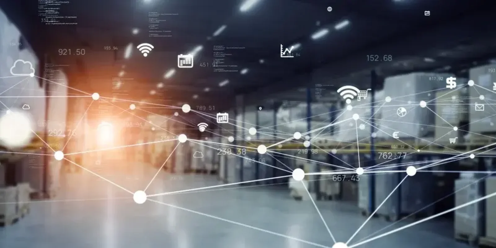 A warehouse with shelves stacked with boxes, overlaid with digital network icons and lines illustrating connectivity, data exchange, and smart technology integration powered by supply chain execution software in logistics.