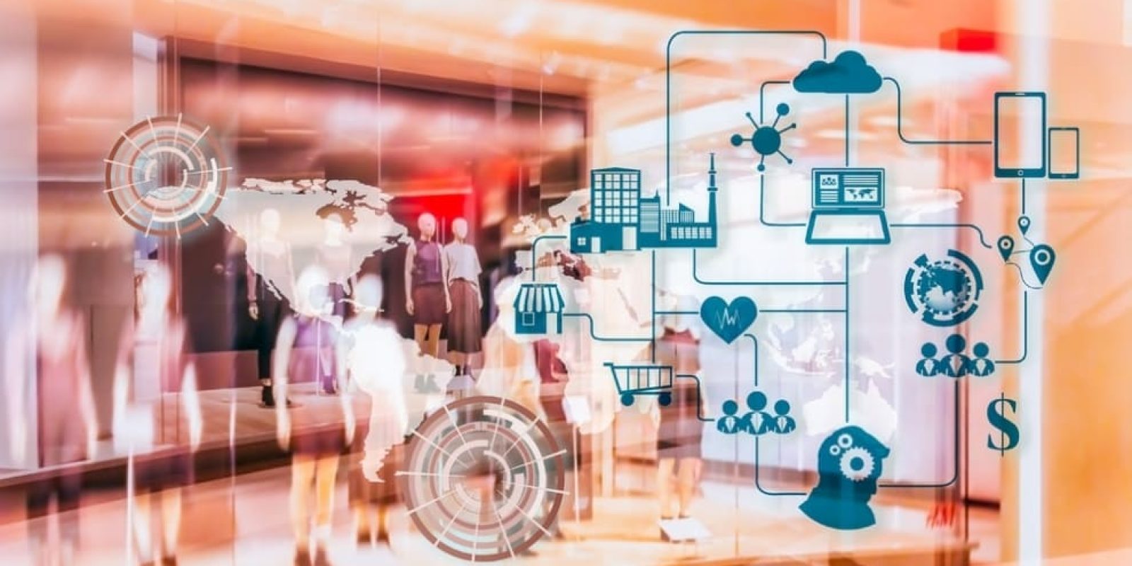 People walking in a brightly lit mall, with transparent digital icons and network diagrams overlayed, illustrating technology, shopping, connectivity, global business concepts, and cyber-attacks impacting modern transportation.