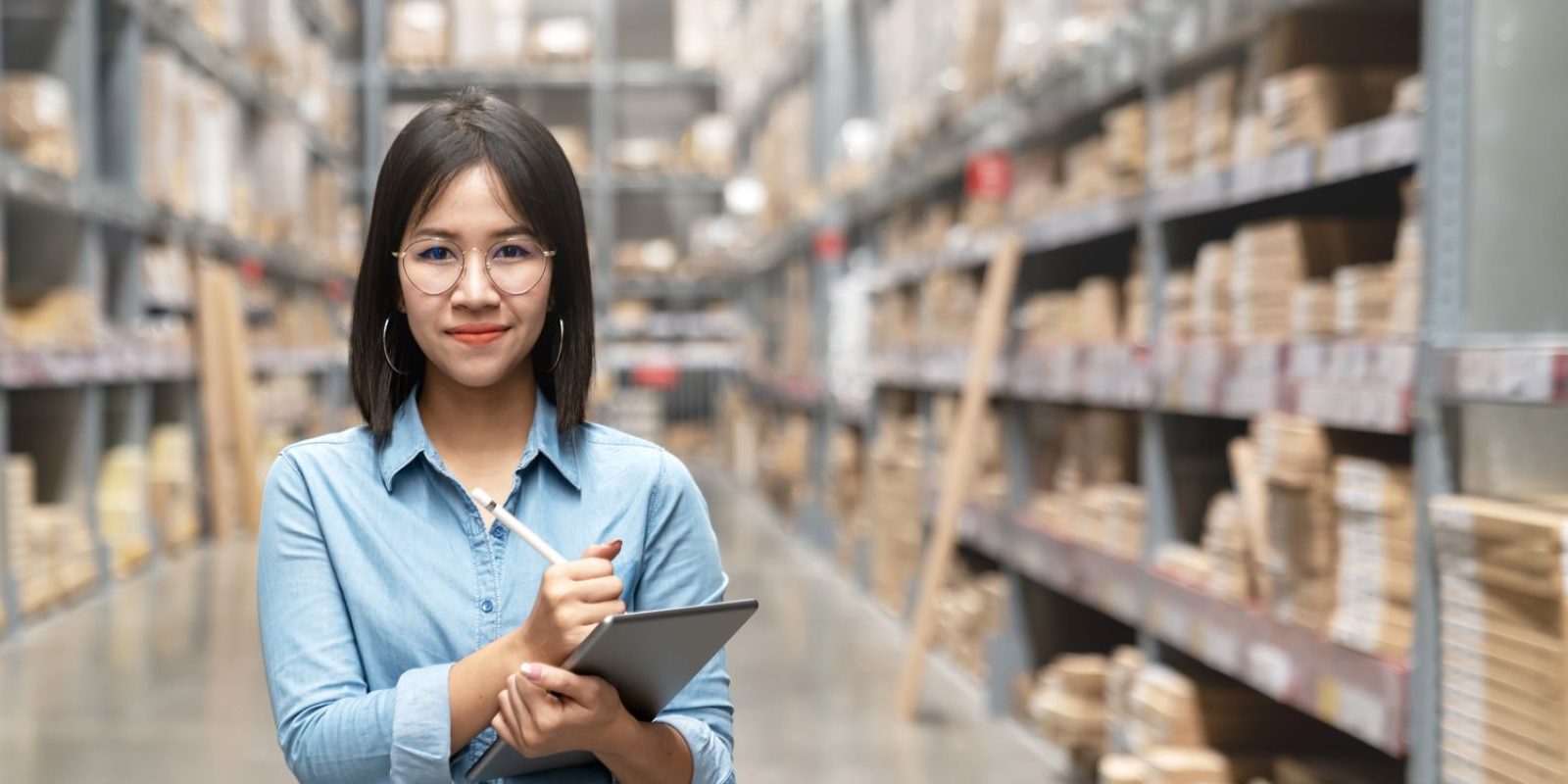 a lady in a warehouse